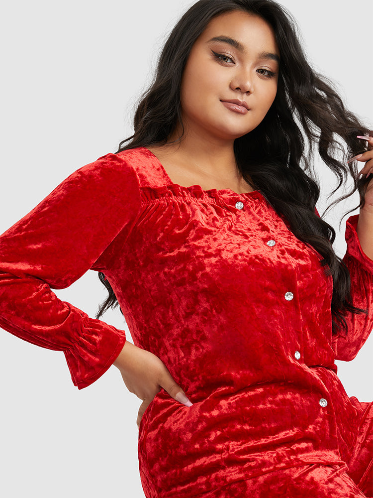 Flounce Sleeve Velvet Button Lounge Set