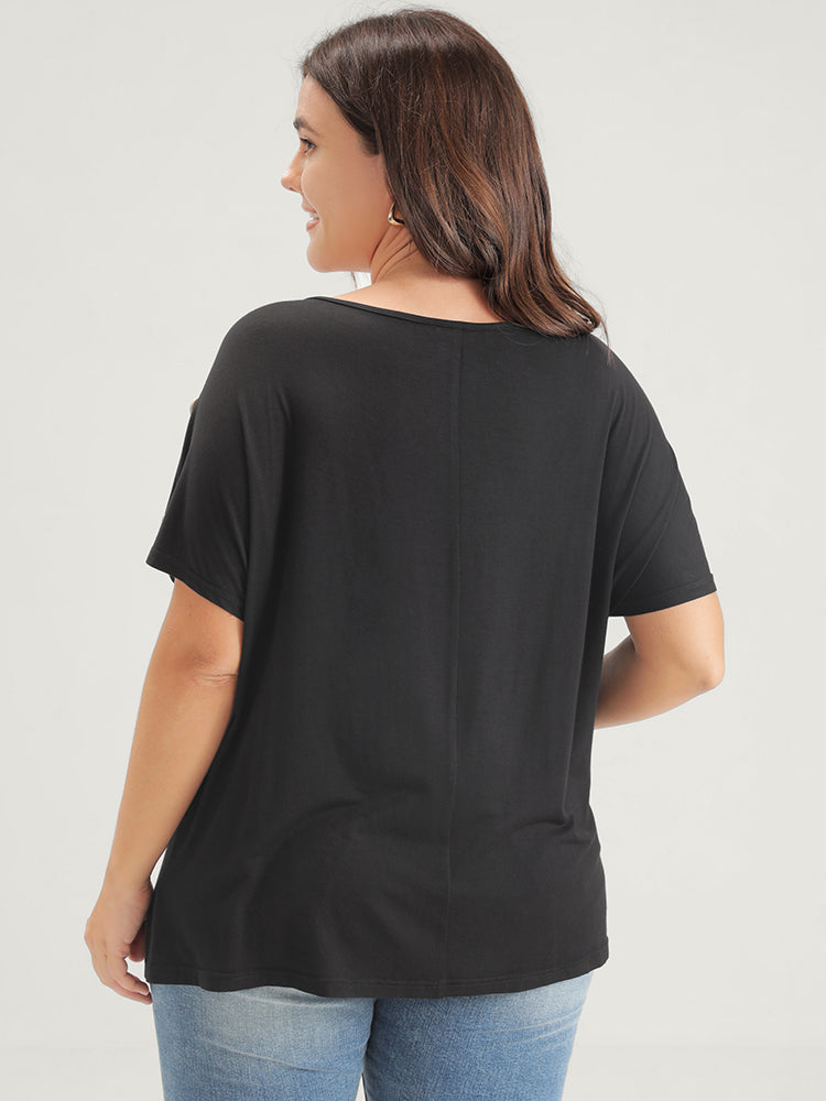 Plain Fake Button Dolman Sleeve One Shoulder Modal T-shirt