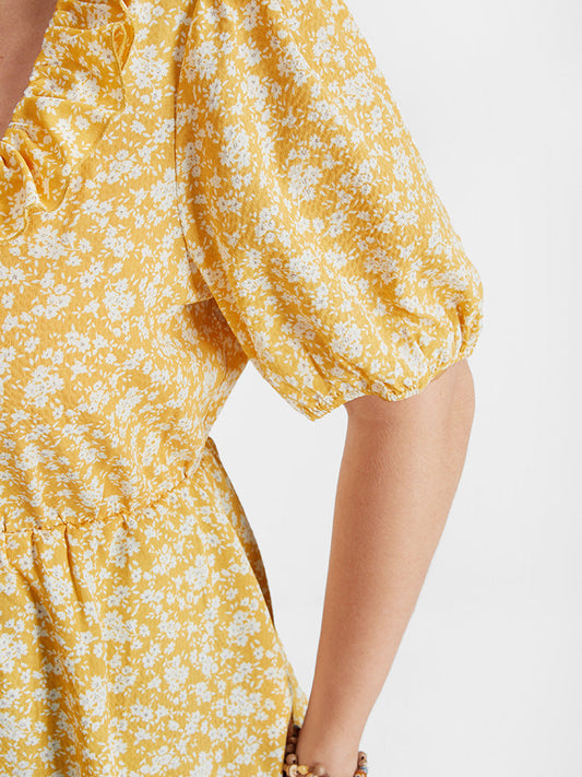 Floral Ruffles Ties Square Puff Sleeve Neck Blouse