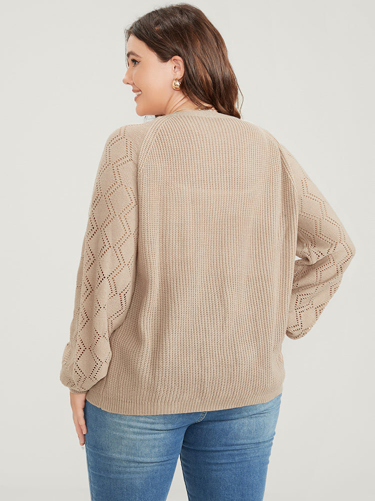 Solid Pointelle Knit Raglan Sleeve Crochet Knit Top