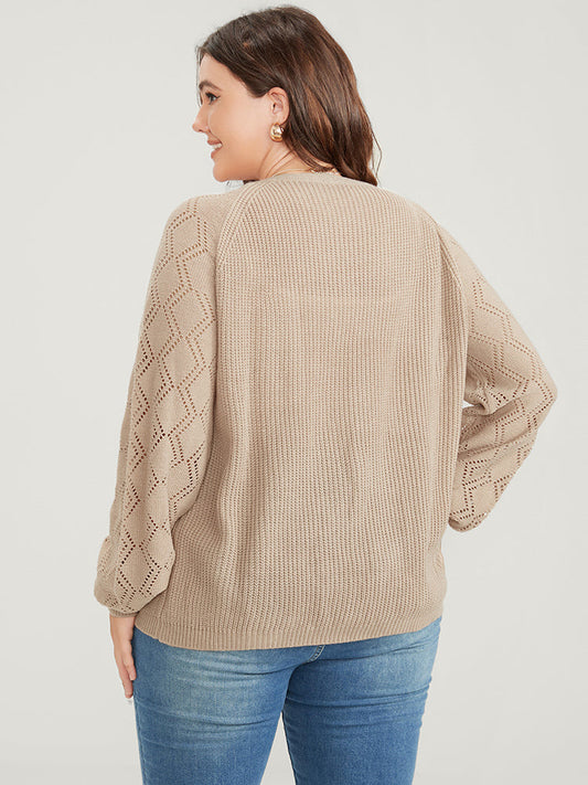 Solid Pointelle Knit Raglan Sleeve Crochet Knit Top