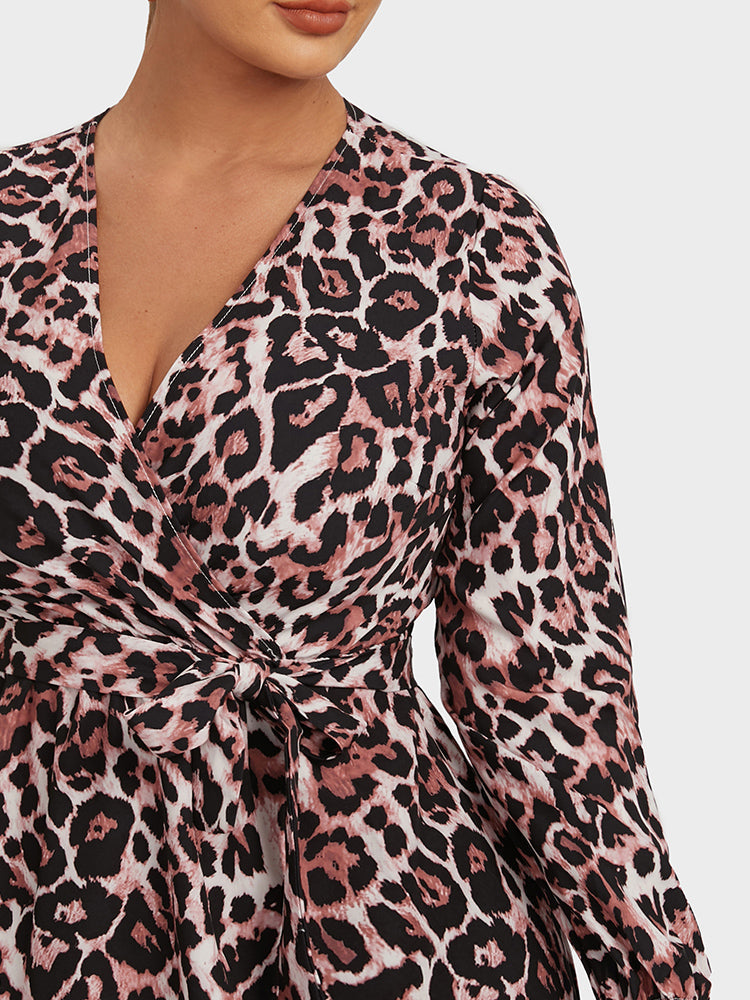 Leopard Wrap Side Tie Ruffle Hem Dress