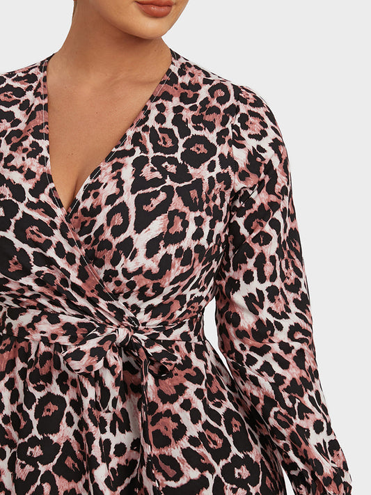 Leopard Wrap Side Tie Ruffle Hem Dress