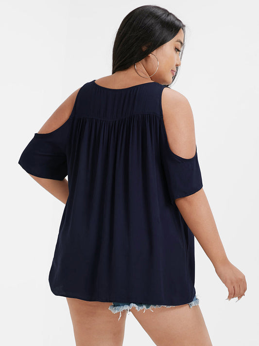 Plain Crochet Trim Cold Shoulder Blouse