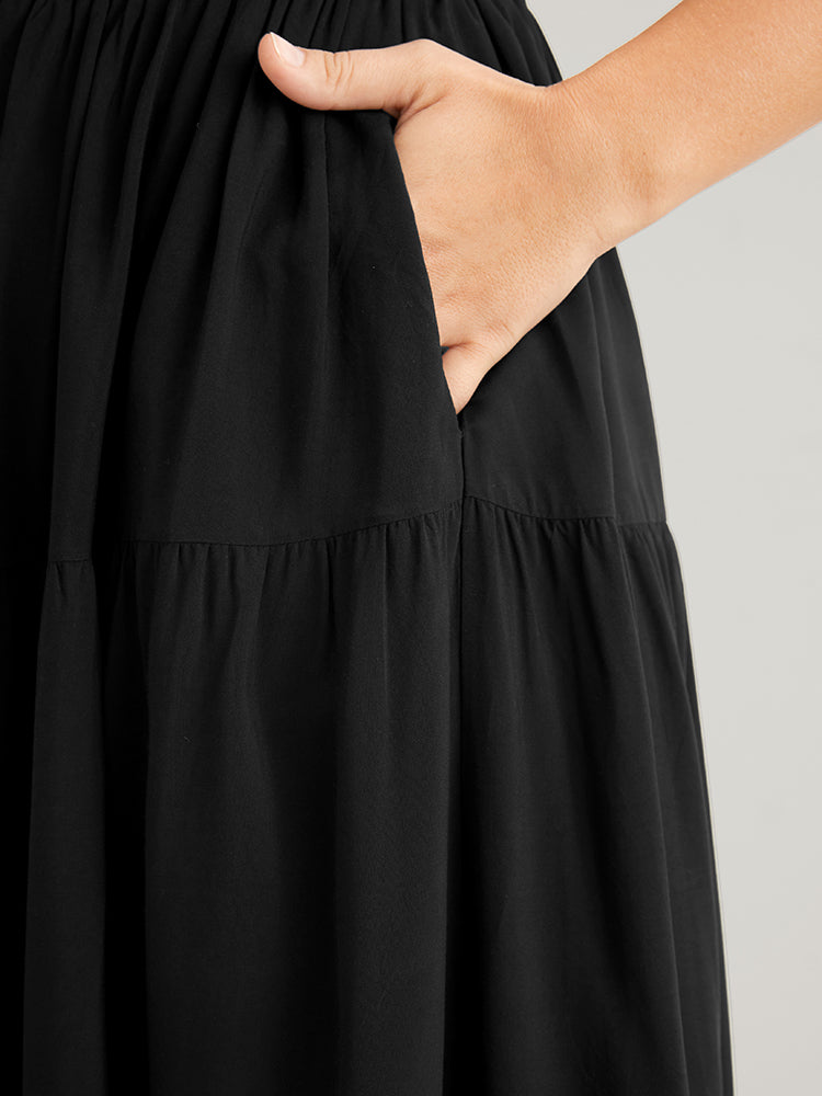 Solid Elastic Waist Pocket Button Front Ruffle Hem Skirt