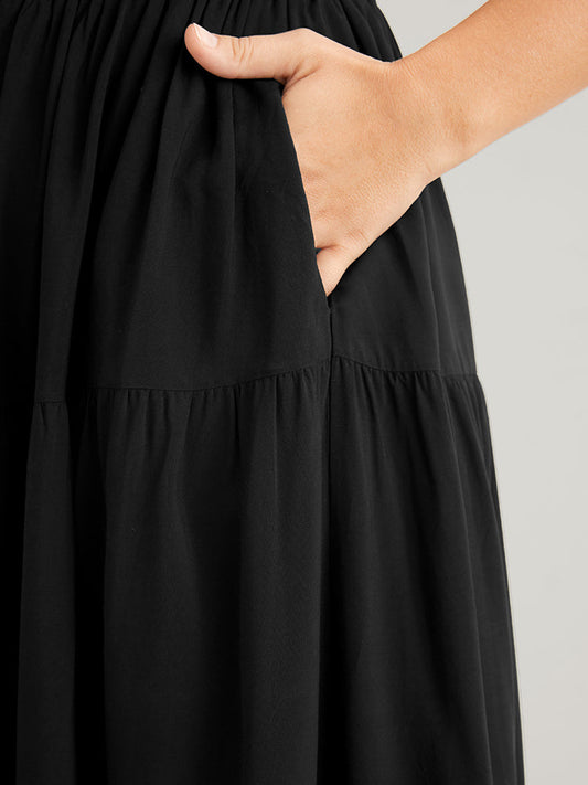 Solid Elastic Waist Pocket Button Front Ruffle Hem Skirt