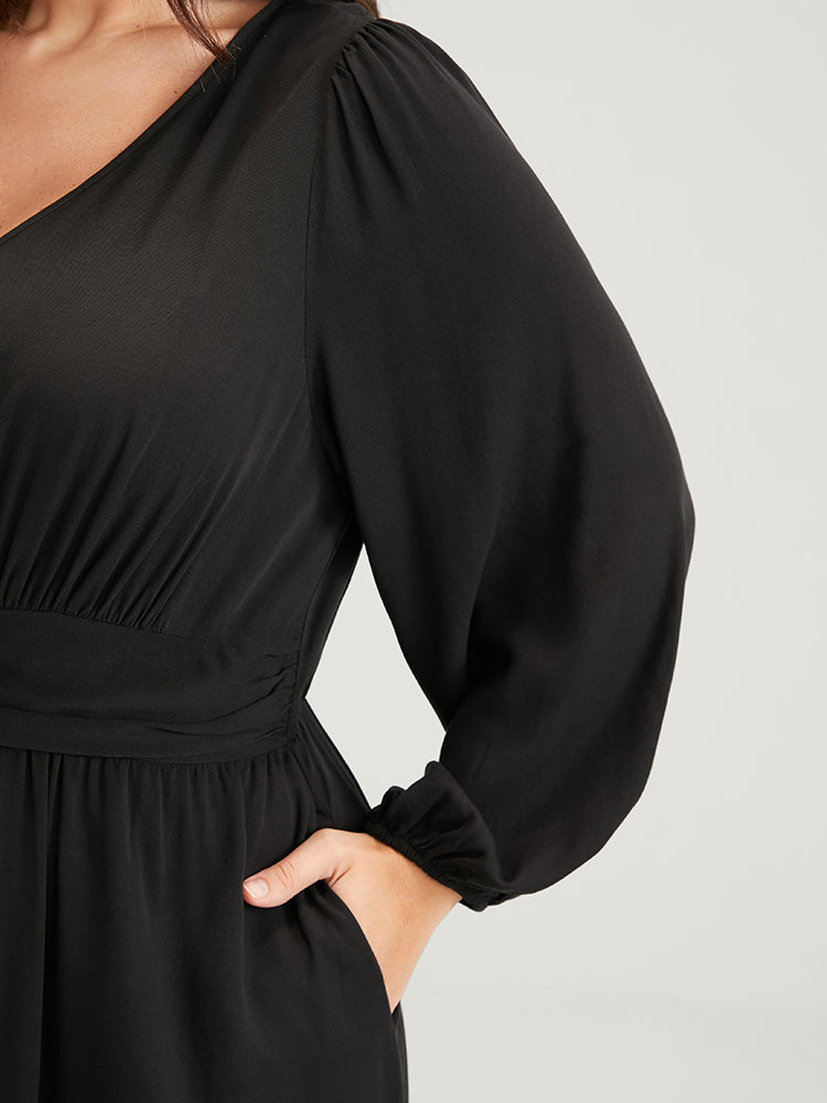 Solid Gathered Pocket Lantern Sleeve Flutter Split Maxi Dress