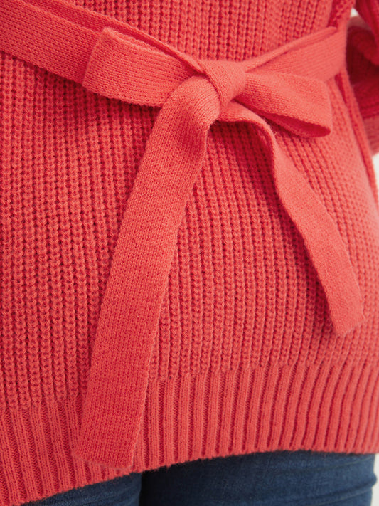 Plain Pointelle Knit Geometric Eyelet Belted Open Front Cardigan