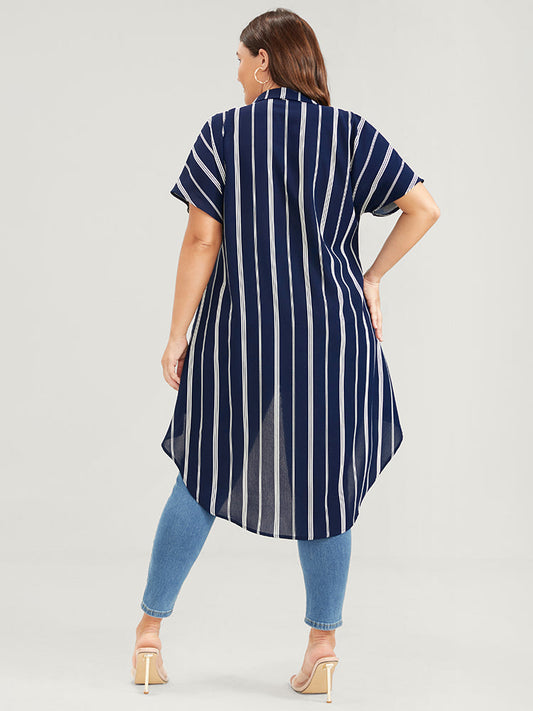 Striped Shirt Collar Button Pocket High Low Hem Blouse