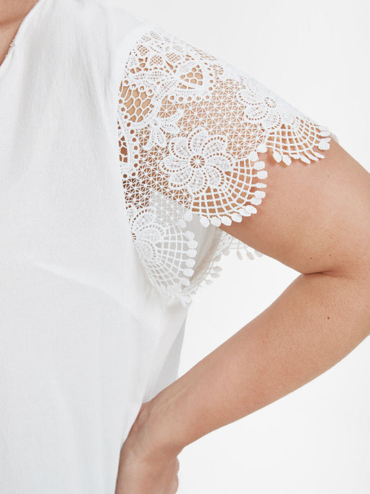 Plain Crochet Lace V Neck T-shirt