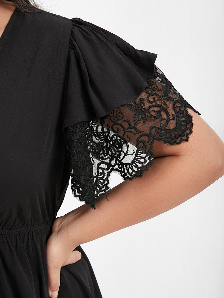 Solid Lace Patchwork Ruffled V Neck Blouse