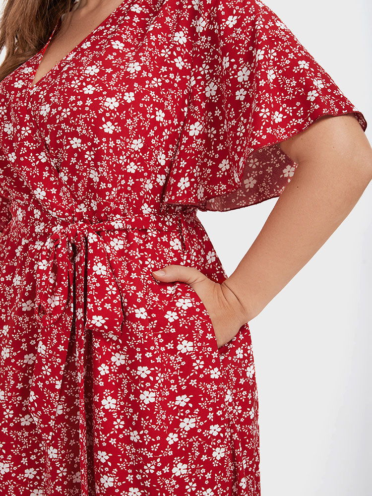 Ditsy Floral Asymmetrical Hem Knotted Pocket Ruffles Wrap Dress