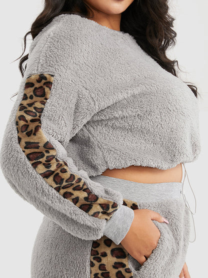 Leopard Panel Drawstring Flannel Lounge Set