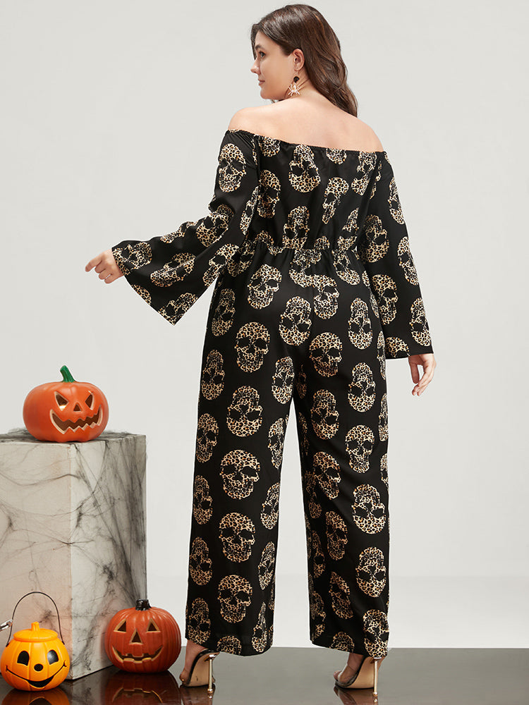 Halloween Skull Print Off Shoulder Jumpsuit Without Belt