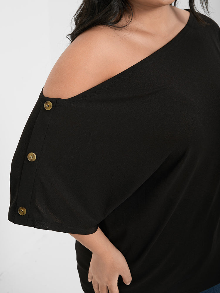 Solid One Shoulder Button T-shirt