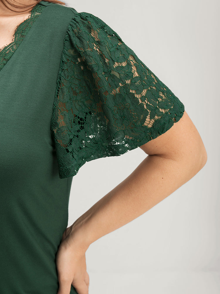 Solid Ruffles Sleeve Crochet Lace Modal T-shirt