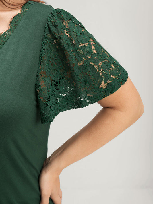 Solid Ruffles Sleeve Crochet Lace Modal T-shirt