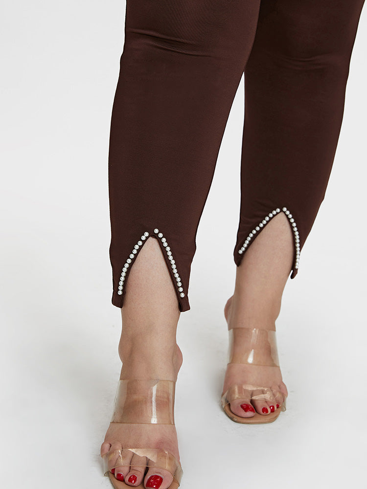 Beaded Slit Solid Bodycon Pants