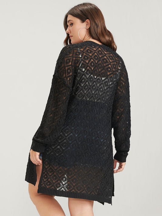 Plain Pointelle Knit Split Pocket Open Front Crochet Cardigan