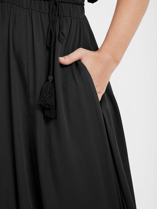 Solid Ruffles Pocket Ties Split Midi Dress