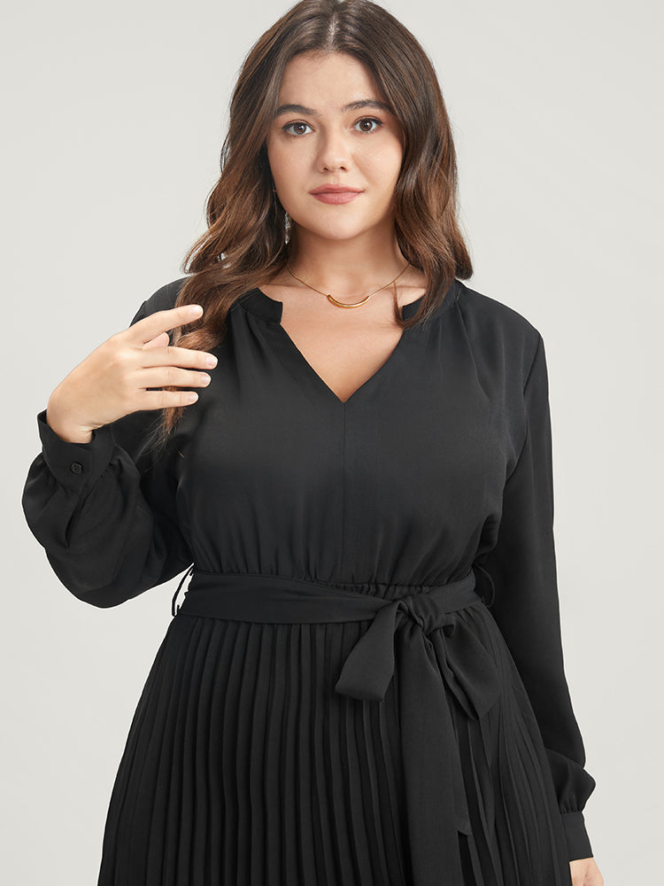 Solid V Neck Belted Pleated Midi Dress