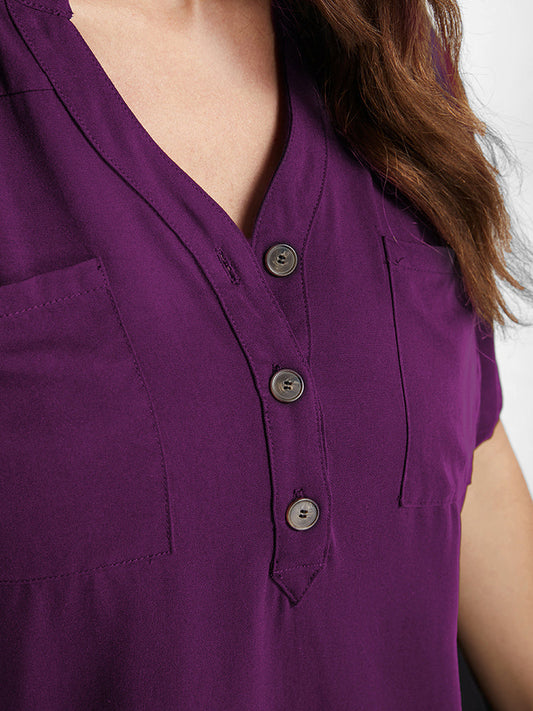 Solid Button V Neck Blouse