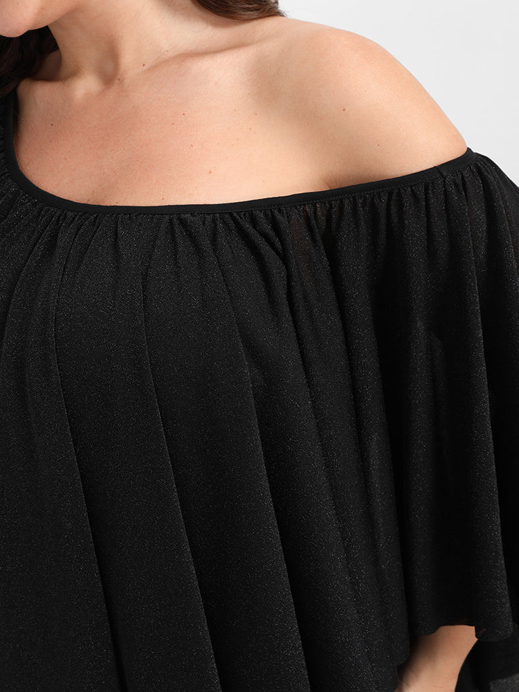 Plain Off Shoulder Ruffles Asymmetrical T-shirt