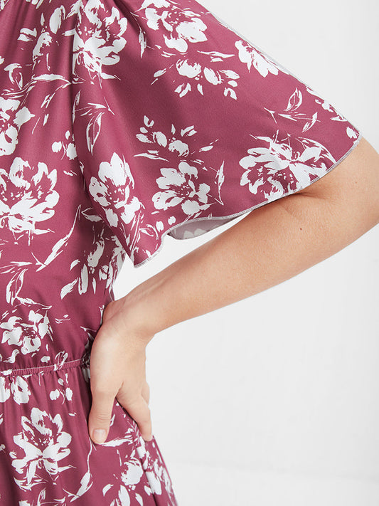 Floral Printed V Neck Button Ruffled Midi Dress