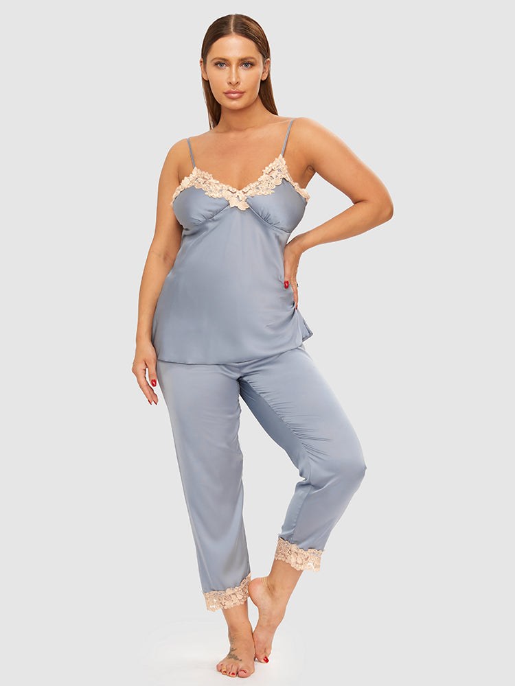 3pcs Satin Lace Trim Cami Pajama Set