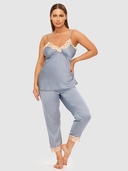 3pcs Satin Lace Trim Cami Pajama Set