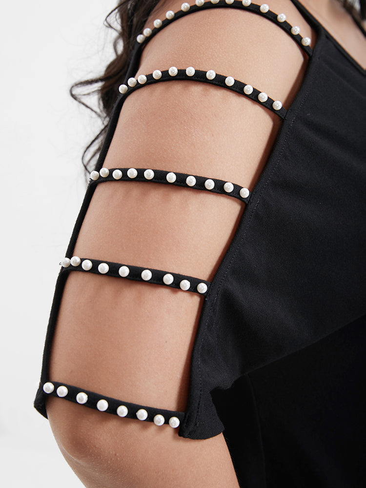 Solid Pearls Beaded Cut Out V Neck T-shirt