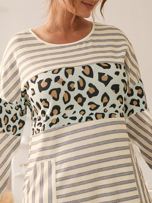 Leopard Patched Striped Casual Dress