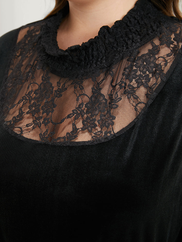 Solid Lace Pocket Velvet Shirred Mock Neck Flutter Dress