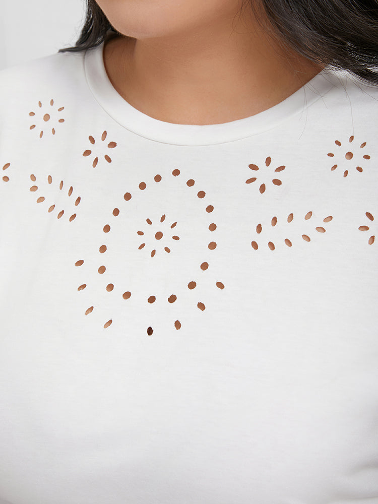 Solid Broderie Anglaise Round Neck T-shirt