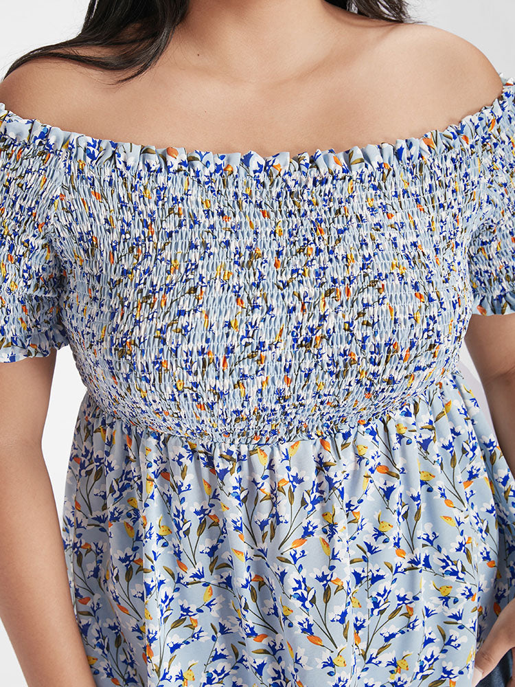 Floral Ruffles Shirred Off Shoulder Blouse