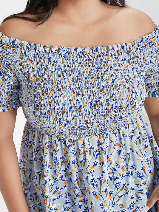 Floral Ruffles Shirred Off Shoulder Blouse