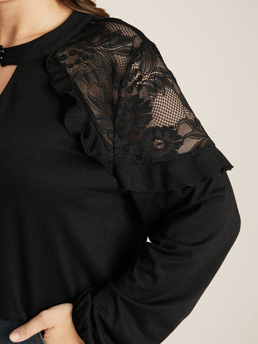 Solid Lace Ruffle Trim Keyhole Mock Neck Long Tee