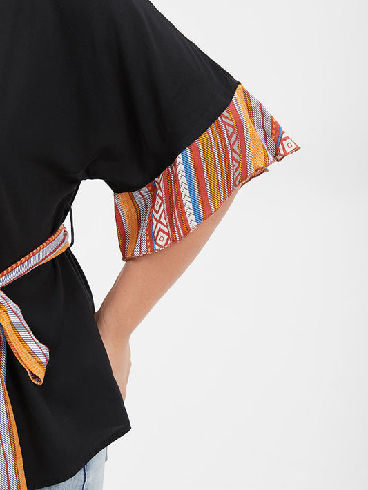 Solid Tribal Ruffles Belted V Neck Blouse