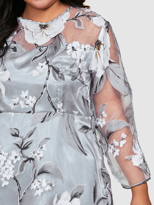 Floral Print Split Sleeve Organza A-Line Dress