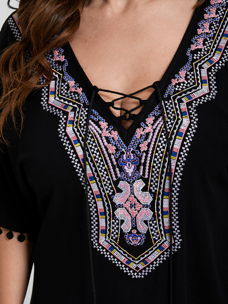 Bandana Print Lace Up V Neck Blouse
