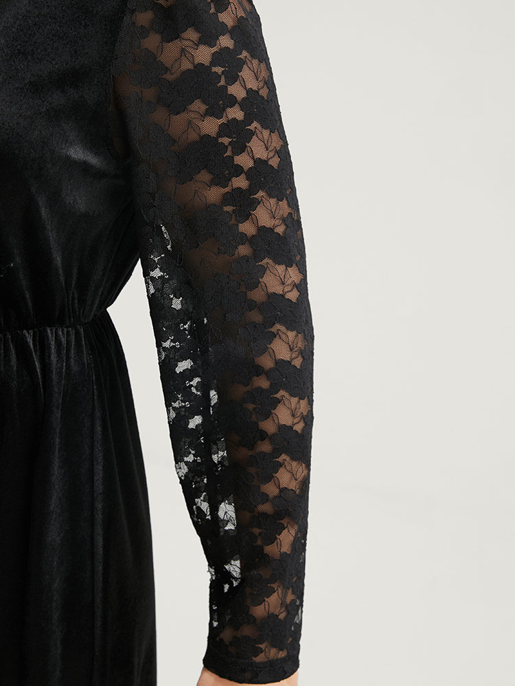 Solid Wrap Contrast Lace Velvet Midi Dress