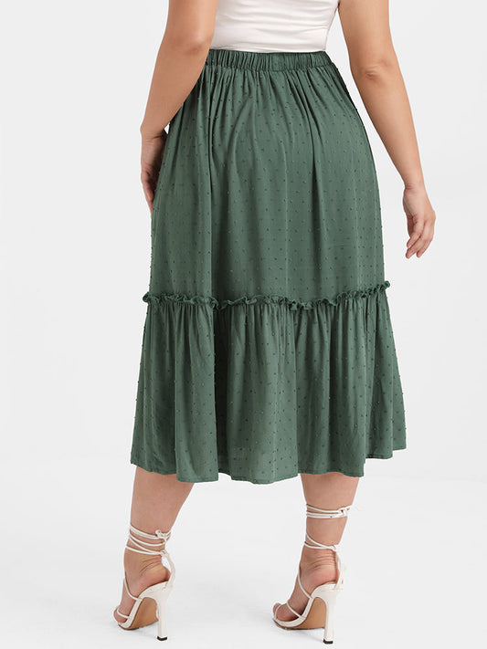 Plain Ruffles Trim Button Mid Long Skirt