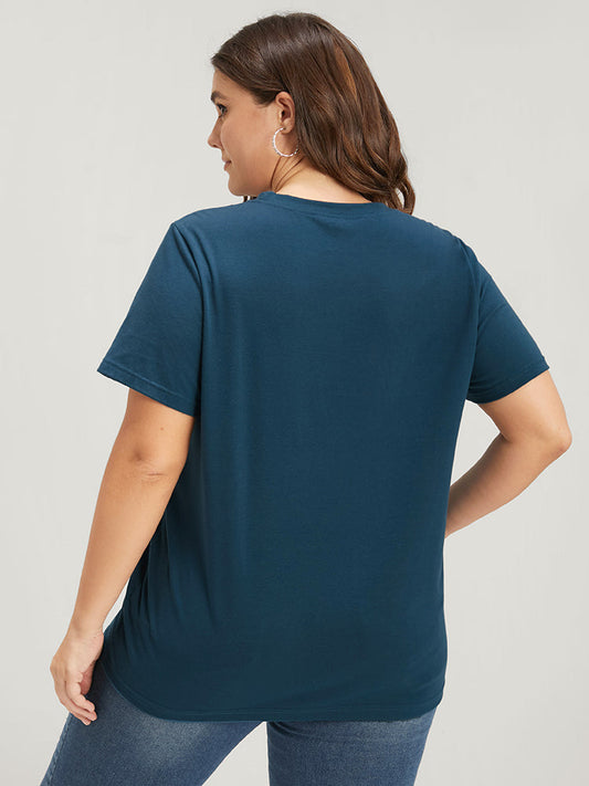 Solid Letter Print Round Neck Regular T-shirt