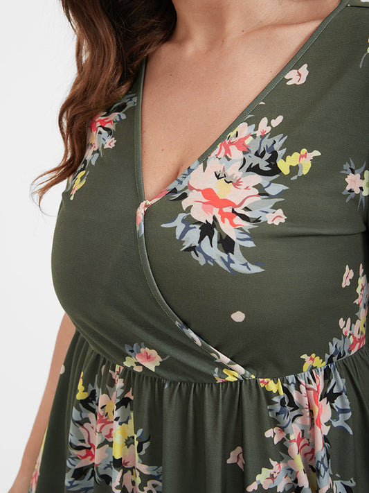 Floral Ruffles Deep V Neck  T-shirt