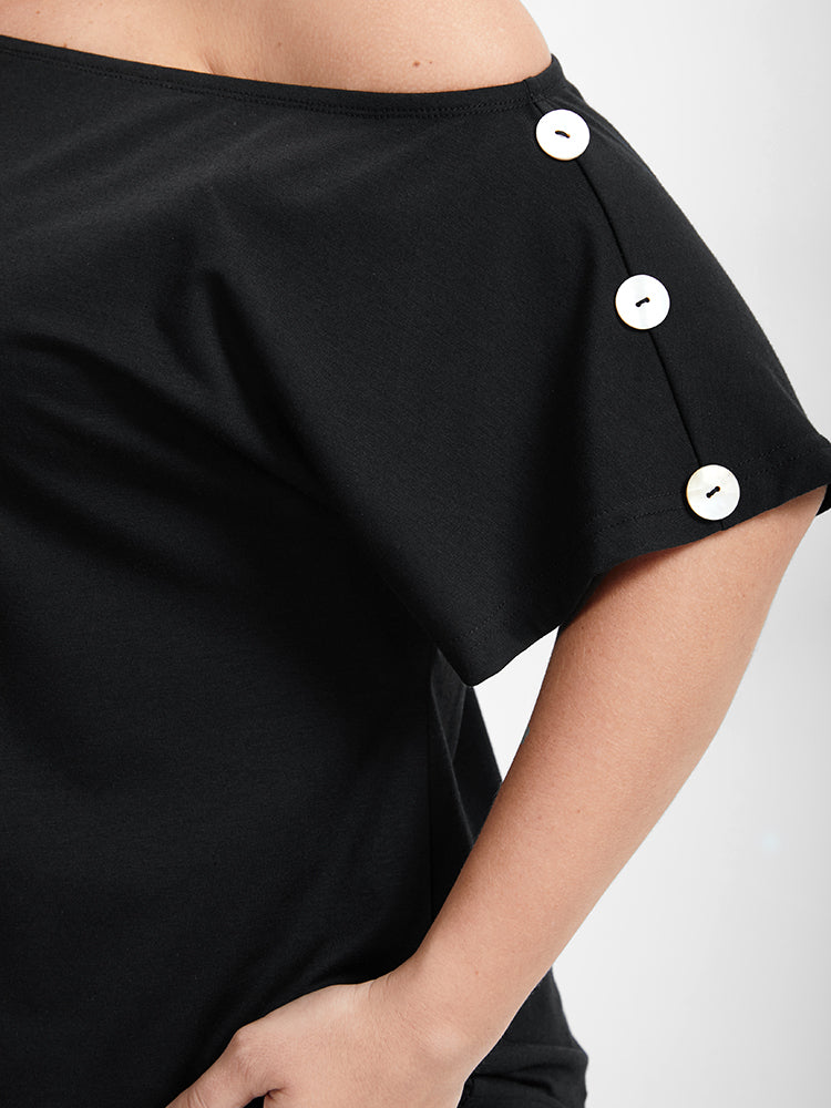 Solid Button One Shoulder T-shirt