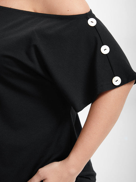 Solid Button One Shoulder T-shirt