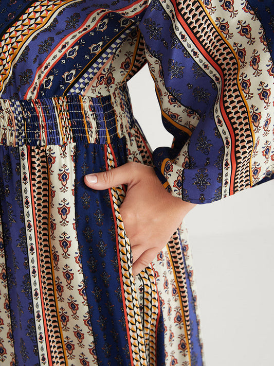 Asymmetrical Striped Pocket Shirred Split Wrap Midi Dress