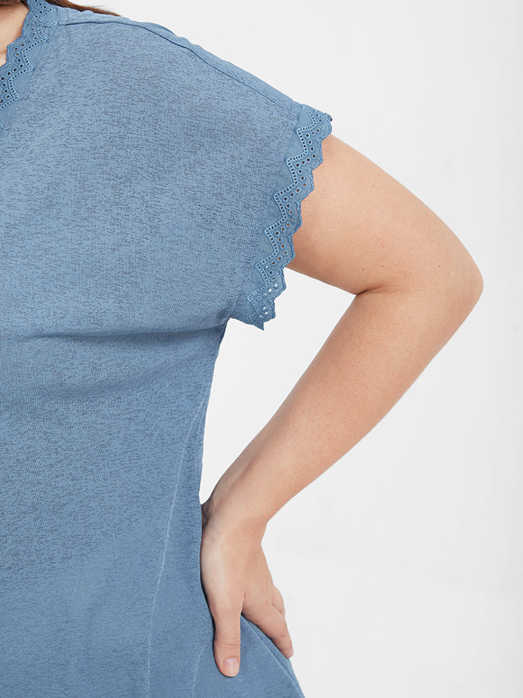 Plain Lace Patchwork Dolman Sleeve  V Neck  T-shirt