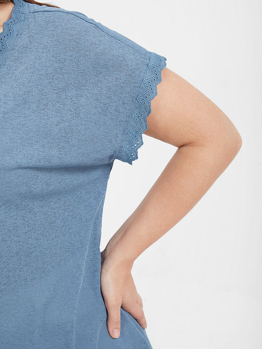 Plain Lace Patchwork Dolman Sleeve  V Neck  T-shirt