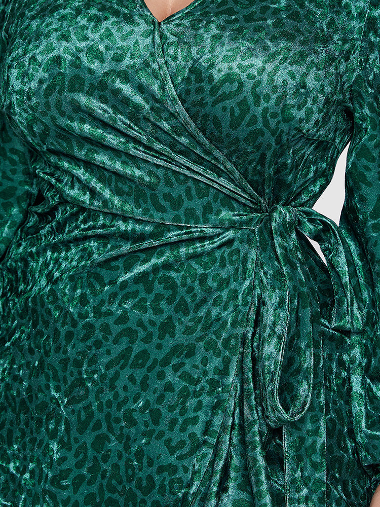 Leopard Pattern Ruffle Wrap Tie Dress